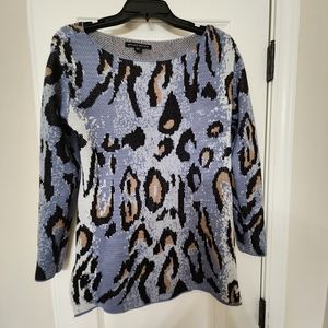 Boston Proper Blue Cheetah boatneck sweater w/ side slits. Worn 1x Like New